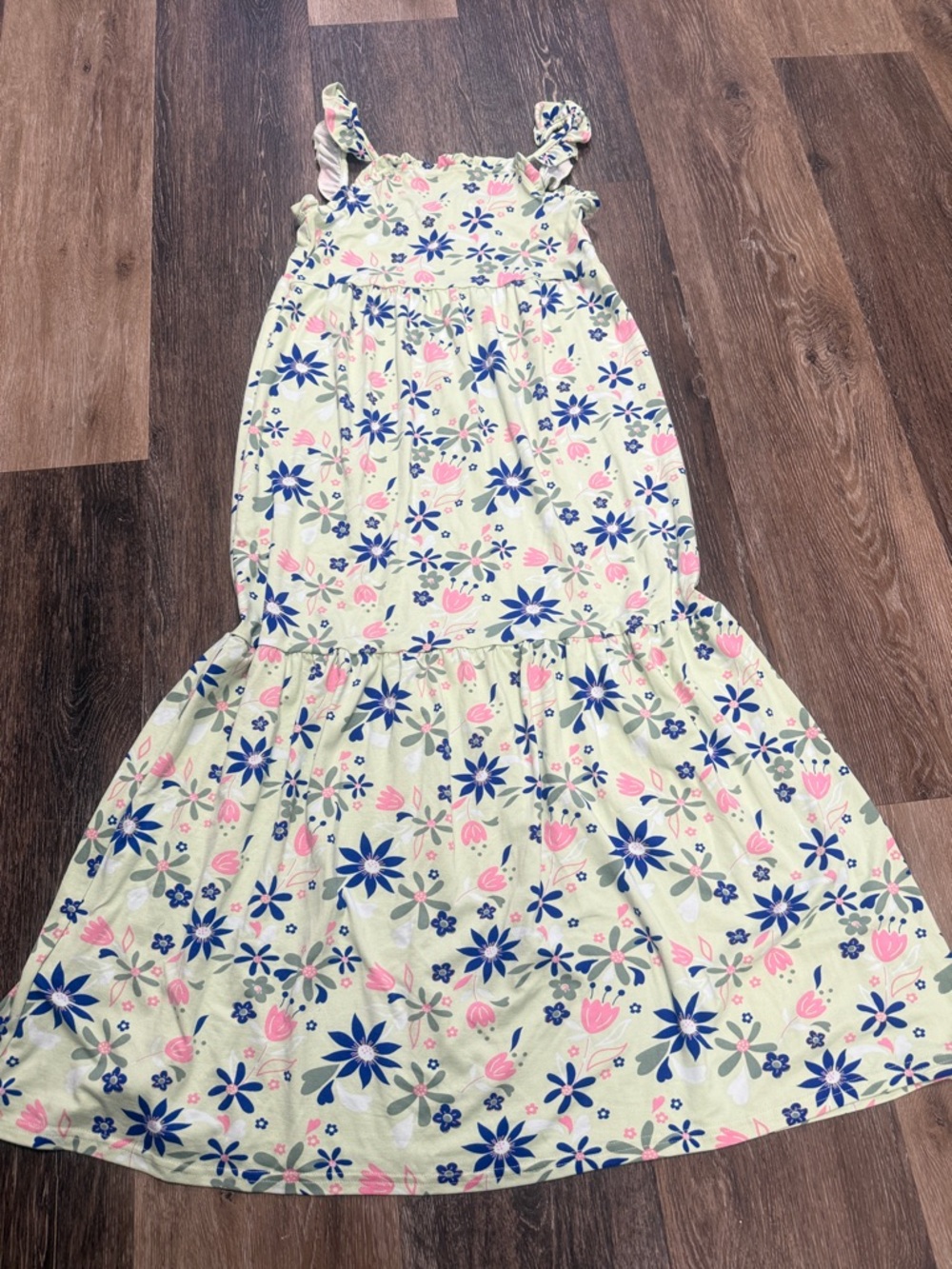 btween Pale Green Floral Ruffle-Strap Maxi Dress with Pink & Blue Flowers